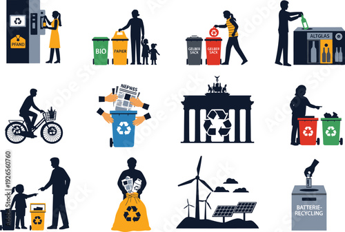 Diverse recycling and waste management icons: bottles, paper, organic, batteries, solar power, and bike.