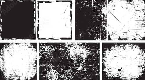 Grunge frame borders and scratched square textures providing diverse options for antique photo edges and distressed layout set vector designs that require authentic weathered looks and rustic styles