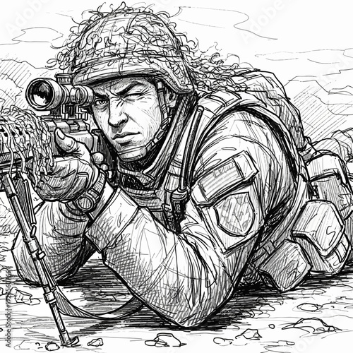 Soldier aiming a sniper rifle, camouflage netting, tactical gear, focused expression, sketch style