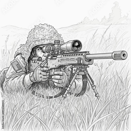 Soldier aiming sniper rifle from camouflage hide in tall grass