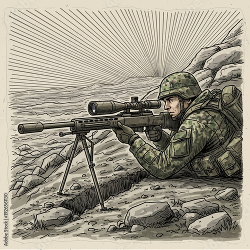 Soldier Aiming Sniper Rifle on Rocky Terrain at Sunrise