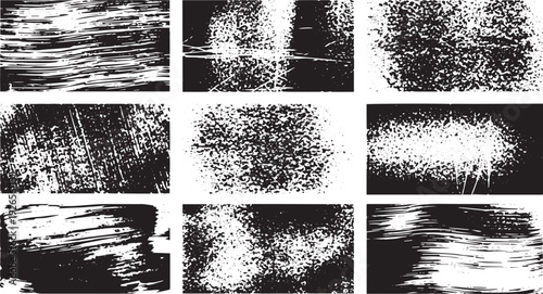 Black spray paint and splatter textures vector collection including various grunge effects and ink marks for industrial set vector design backgrounds and creative artistic overlays on transparent grid