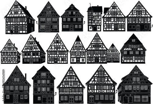 Extensive collection of black and white vector illustrations featuring diverse traditional timber-framed houses.