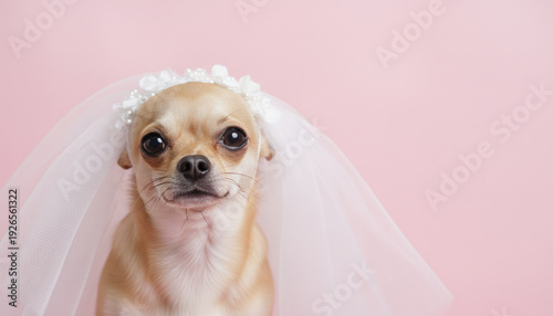 Wallpaper Mural Adorable novia chihuahua con velo blanco sobre un fondo rosa suave. Lindo retrato de mascota para boda. Torontodigital.ca