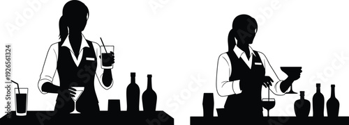 Bartender silhouette artwork, formal attire illustration, cocktail preparation design, bar counter concept, mixology profession art, hospitality beverage serving composition