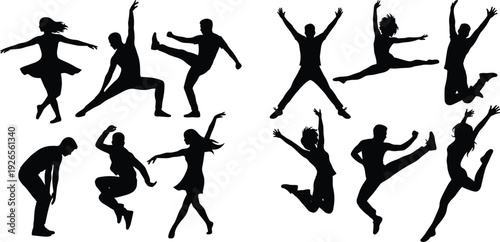 Dynamic dancing people silhouettes set, energetic jump action poses black vector illustration isolated on white background for creative design
