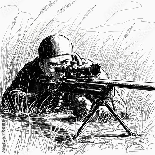 Soldier aiming sniper rifle through tall grass, focused on target