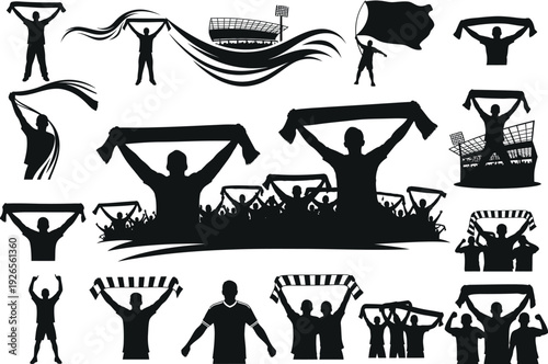 Black and white illustrations and silhouettes of football fans celebrating with scarves and flags, alongside stadium views.