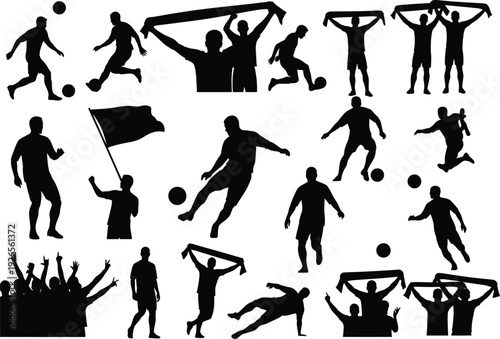 Silhouettes of football players in action, fans cheering with scarves, and match elements like flags and a soccer ball.