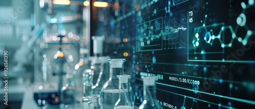 Futuristic laboratory scene with glass bottles, neon lighting and digital interface overlays, creating a modern scientific atmosphere with technology, research and innovation elements.