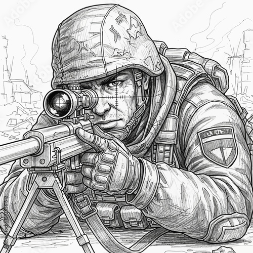 Soldier aiming sniper rifle, close-up, war background, military concept