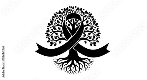 Black ribbon awareness symbol with tree roots and leaves.