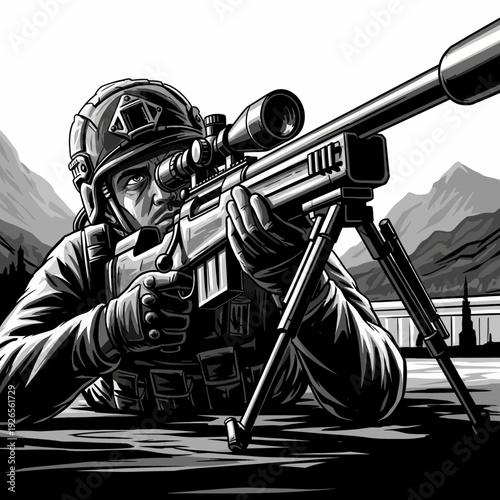 Soldier aiming sniper rifle, military concept, black and white illustration