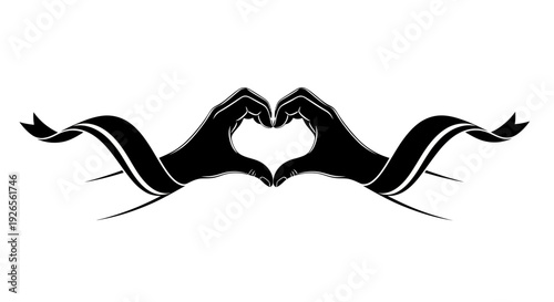 Black silhouette of hands forming a heart shape with fingers intertwined.