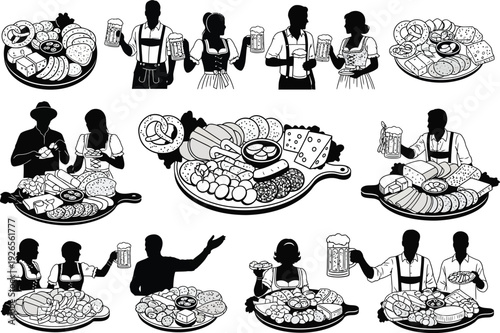 Collection of black and white illustrations of Bavarian people in traditional attire holding beer mugs and platters of German food, Oktoberfest theme.