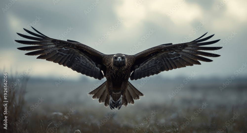 Fototapeta premium Buzzard spreading wings for flight on cold brisk day