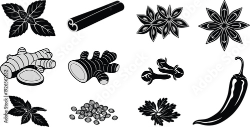 Herbs and spices illustration, culinary artwork design, cooking ingredients silhouette, seasoning concept art, kitchen flavor composition, natural food artwork