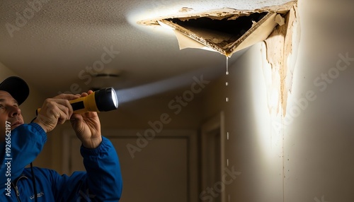 Property manager inspecting water damaged ceiling with flashlight in dark apartment hallway