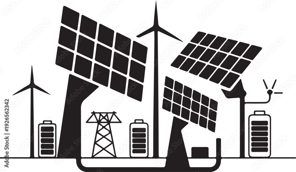 Obraz premium Solar panels and wind turbines with batteries and power lines