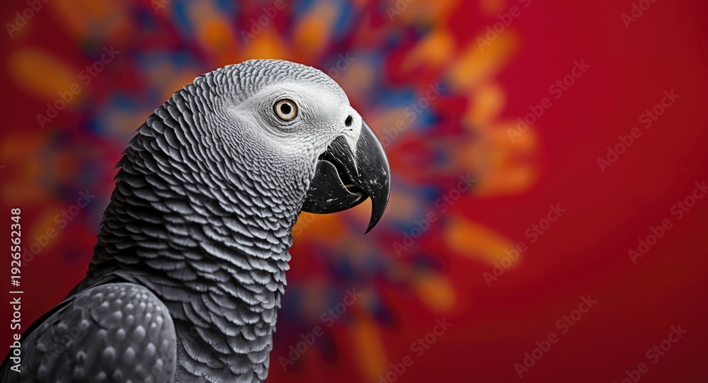 Obraz premium Advertising design space with African Grey Parrot profile on colorful background