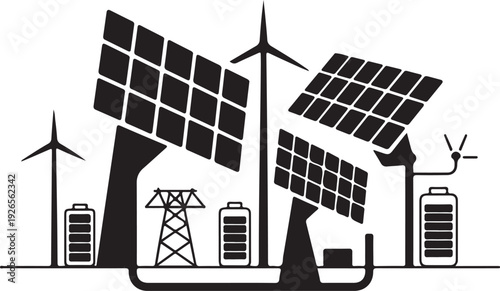 Solar panels and wind turbines with batteries and power lines
