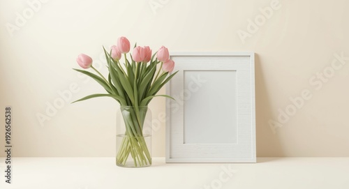 Mockup featuring pink tulips arranged in a clear vase beside a white frame on a pale backdrop