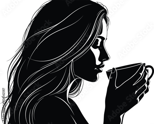 Silhouette woman drinking cup, elegant profile illustration, long hair artwork, beverage concept, relaxation design, personal moment, lifestyle art composition
