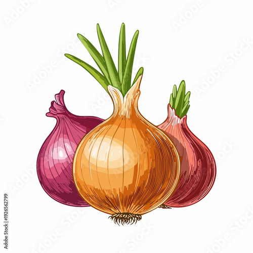 Three onions with green tops, one yellow and two red, arranged closely together on a white surface viewed from the front