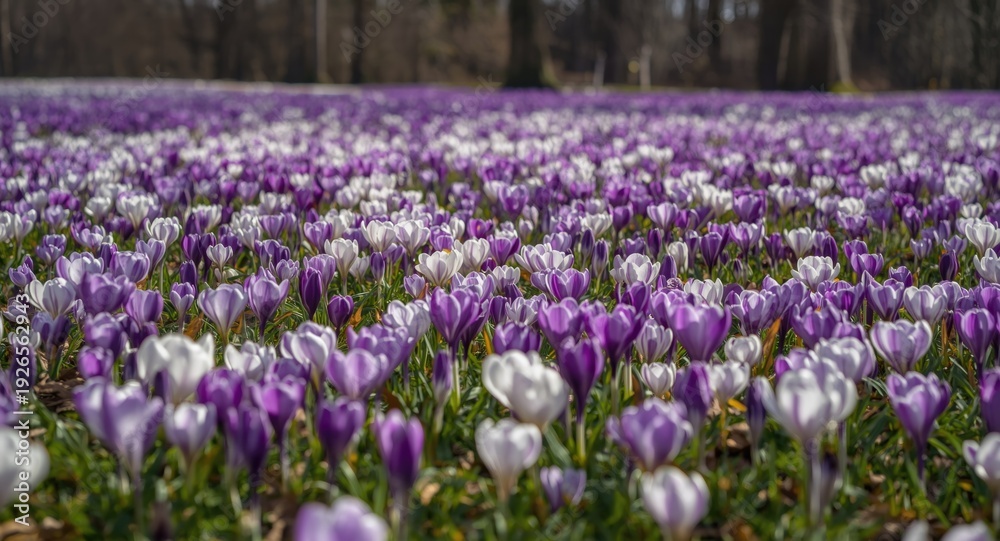 Obraz premium Spring season full of blooming crocus flowers spread over healthy green grass