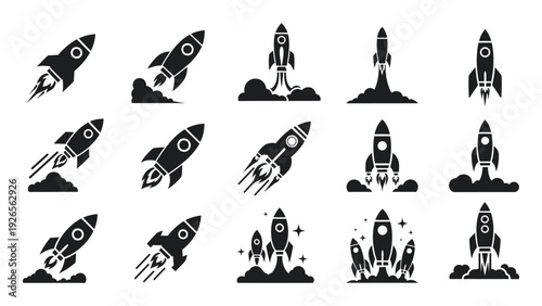 Powerful rocket launching into the sky with a dramatic plume of smoke icon silhouette vector