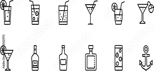 Cocktail and Beverage Line Icons Set with Drinks, Martini Glass, Bottles, Alcohol and Bar Symbols