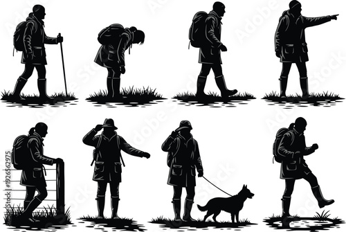 Hiker with backpack and dog, exploring nature with pole, in various poses and actions, outdoor adventure