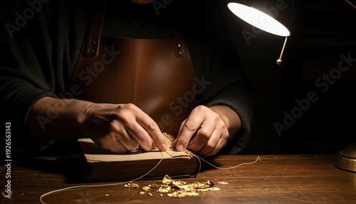 Close up of a veteran bookbinder restoring an ancient manuscript spine with linen thread on an oak workbench