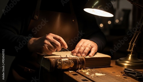 Close up of a veteran bookbinder restoring an ancient manuscript spine with linen thread on an oak workbench