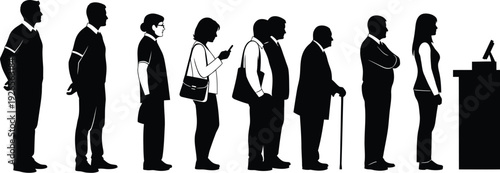 People in a line at a counter, silhouettes showing diversity and interaction, business or service context