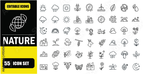 Nature Outline Icon Set, Environment, Eco, Wildlife, Plants, Trees, Mountains, Water, Natural Elements, Linear Editable Stroke Vector Illustration