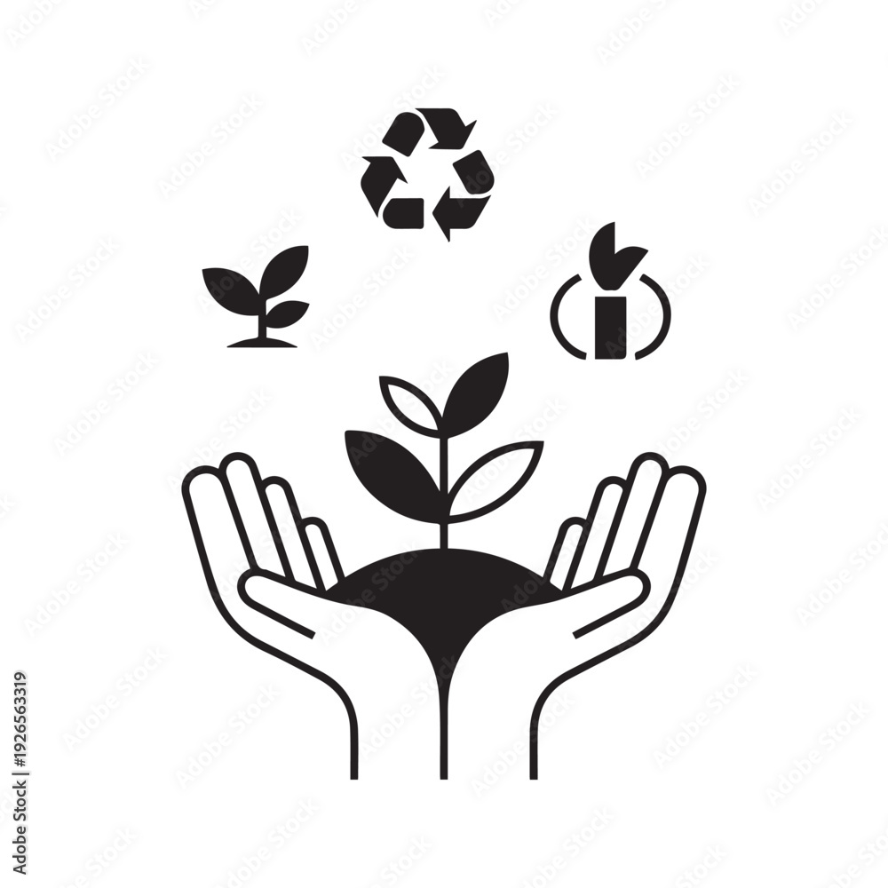 Obraz premium Hands cradling a growing plant with eco friendly symbols