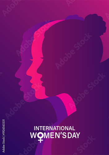 Vector Illustration of Three Women in Purple & Pink Profiles Celebrating International Women's Day with Gradient Background
