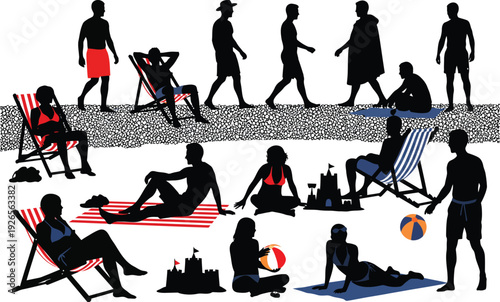 People Relaxing and Playing on a Sandy Beach, Silhouette Collection