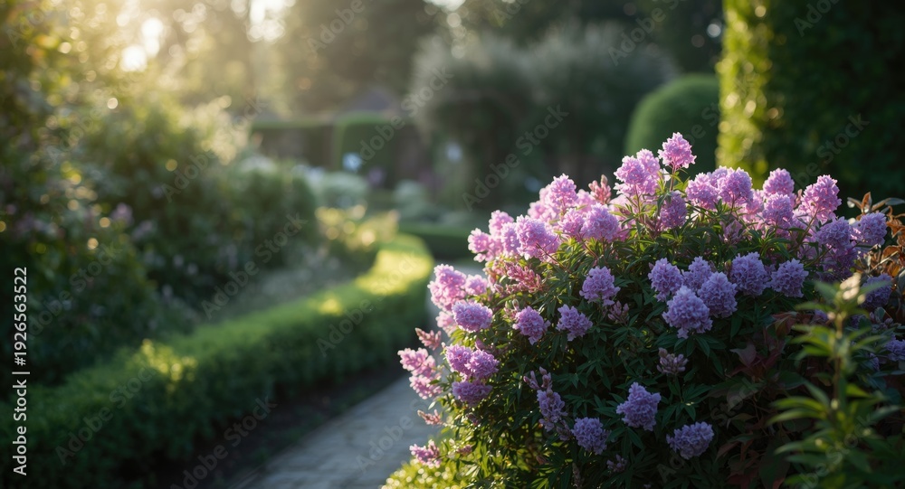 Obraz premium Sunny garden scene with flourishing violet and pink blossoms under soft light