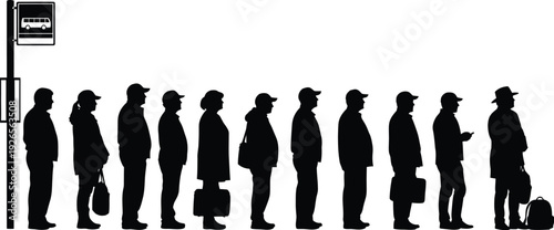 Diverse Group of People Waiting at a Bus Stop, Silhouette