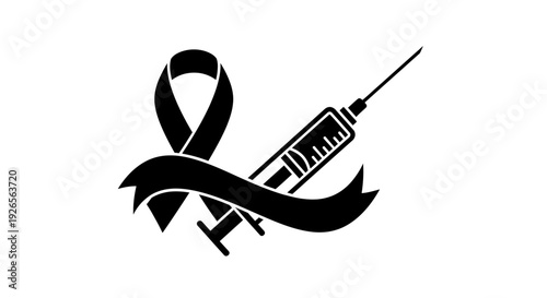 Black awareness ribbon with syringe and needle symbolizing health awareness.