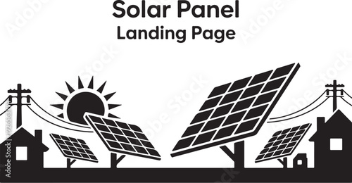 Solar panels on houses with power lines and sun renewable energy