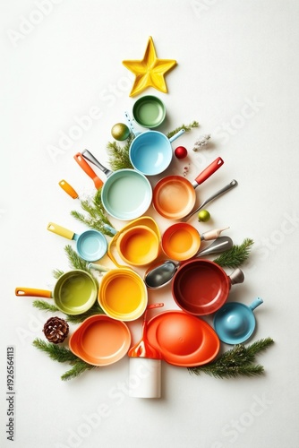 Creative christmas tree made of kitchen utensils and decorations on pastel background