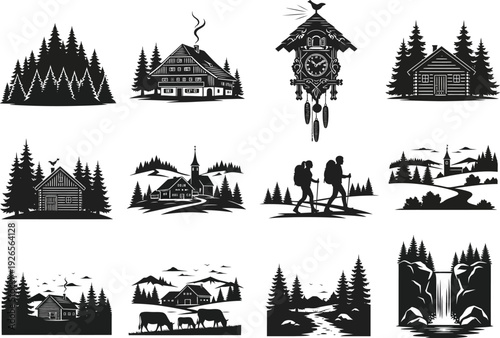 Outdoor Adventure Icons: Black Forest Cabins, Hikers, Cuckoo Clock, and Waterfall