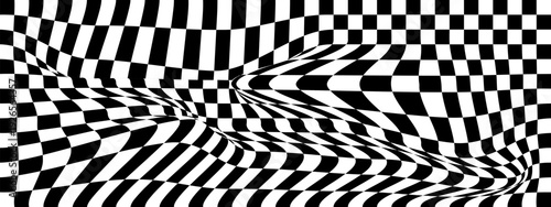 Abstract black and white checkered pattern with distorted wavy lines and optical illusion effect. Dynamic geometric background with warped squares and stripes.