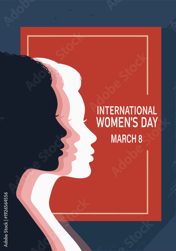Vector Illustration of Two Stylized Women's Profile Faces Celebrating International Women's Day on Red Background with March 8 Text