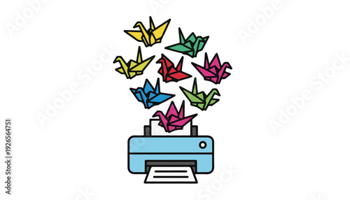 Origami paper cranes flying from laser printer symbolizing creative freedom and digital manufacturing output.