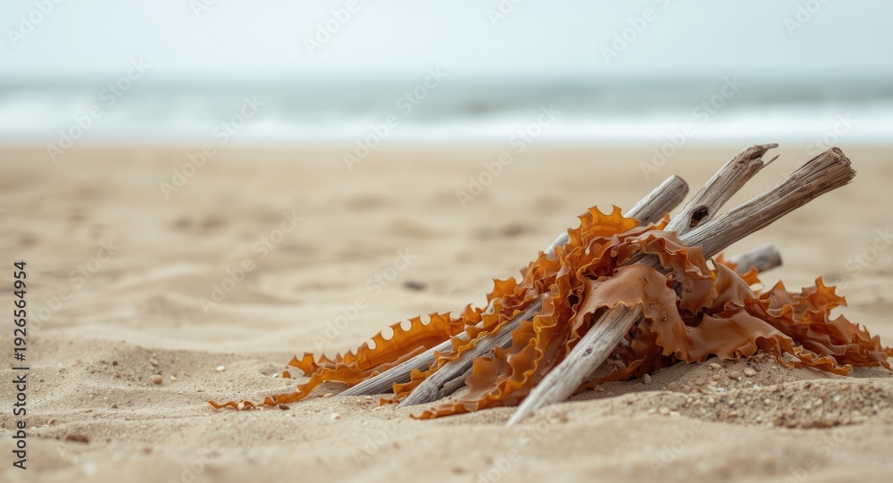 Fototapeta premium Natural sea kelp fastened to sticks on beach and space for text