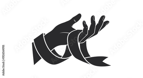 Black and white illustration of hands reaching out with ribbon.